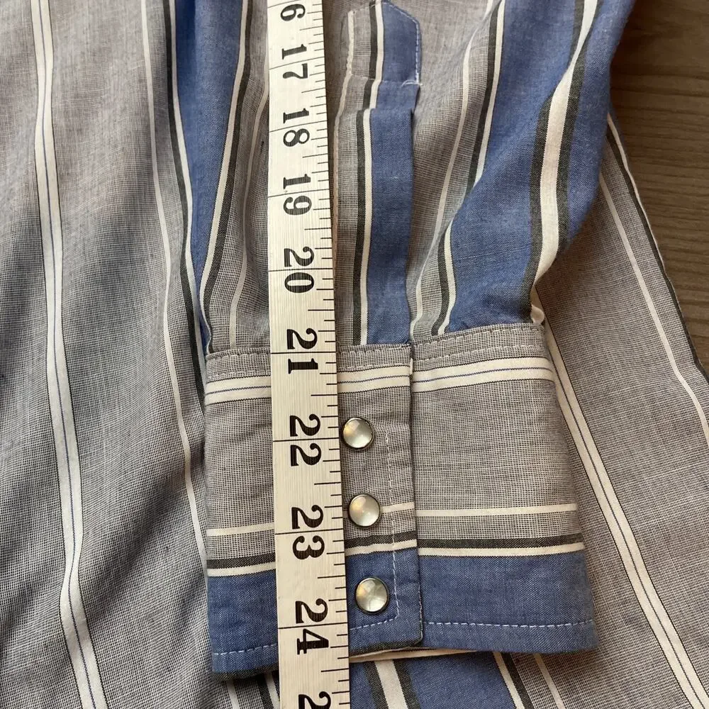 Wrangler Western Shirt Mens L-16.5-Blue Gray Pearl Snap Cowboy 90s-X Long-Vntg - Picture 9 of 11